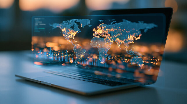 photorealistic business photography, translucent floating panel showing an abstract world map with glowing data points hovering above a laptop keyboard on a bright clean desk, soft