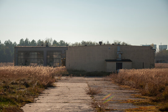 Abandoned old industrial glass greenhouse with dry dead plants and withered crops