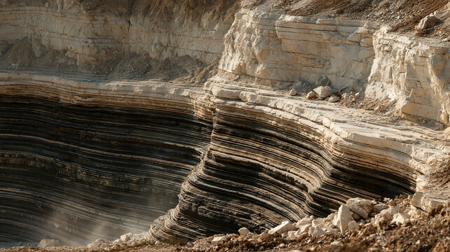 photorealistic industrial photography, close-up of a layered limestone quarry rock face with visible strata and drilling marks, dust particles in soft sunlight, crisp mineral textu