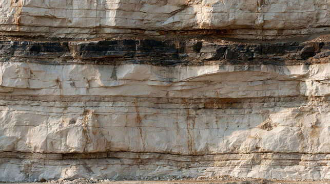 photorealistic industrial photography, close-up of a layered limestone quarry rock face with visible strata and drilling marks, dust particles in soft sunlight, crisp mineral textu
