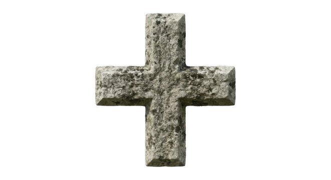 A textured stone plus sign isolated on a white background representing a classic mathematical addition symbol with a rustic and weathered natural rock surface