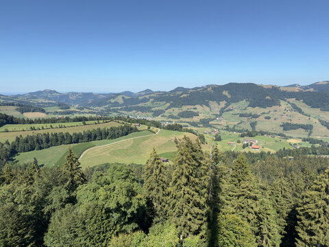 Wide Panorama of Villages and Forest in Switzerland