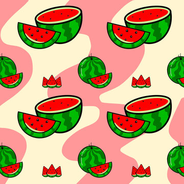 Seamless pattern of cute hand-drawn cartoon watermelons, slices, and halves on an abstract wavy red and beige background