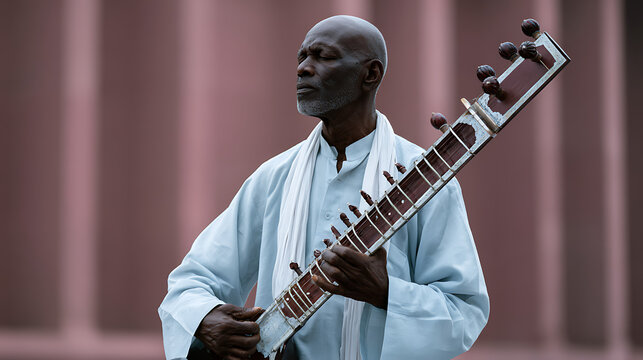 elderly man playing traditional sitar instrument outdoors showing cultural heritage