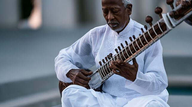 elderly man playing traditional sitar instrument outdoors showing cultural heritage