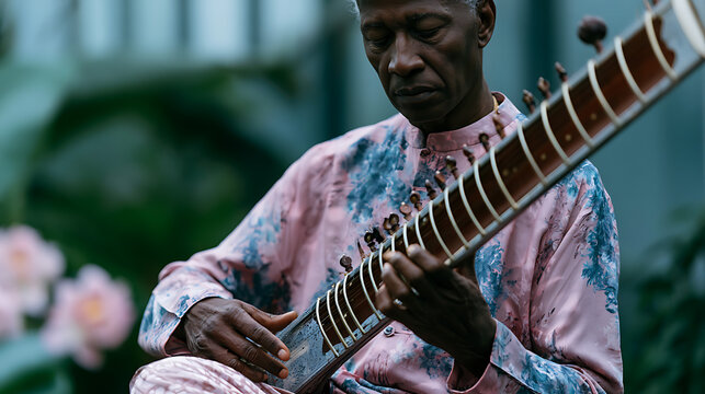 senior musician performing classical indian sitar music representing rich tradition