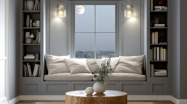 Cozy window seat with white cushion bookshelf wooden table moonlight cityscape modern interior soft lighting decorative vase