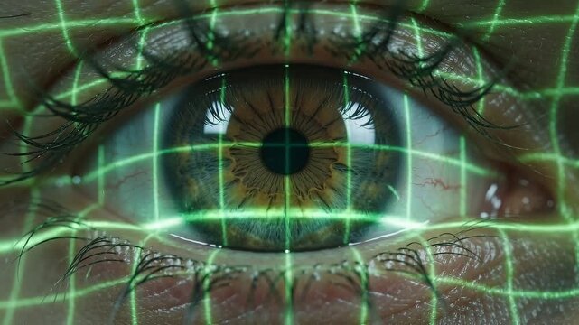 Extreme close up of a human eye with a bright green laser scanning across the iris 4K Ultra HD Video Footage