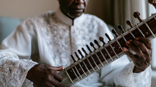 elderly man playing traditional sitar instrument outdoors showing cultural heritage