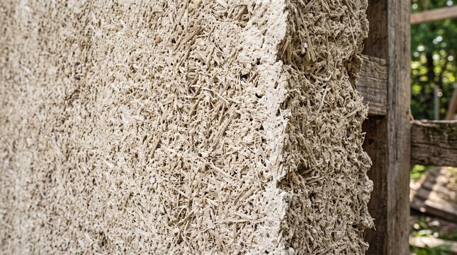 Macro texture close up of sustainable Hempcrete bio composite insulation wall showing natural fibrous structure for zero carbon green building