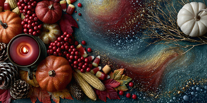 Autumn themed still life. it features a lit red candle in a holder on the left, surrounded by several pumpkins, red berries, candies corn, corns, and pinecones