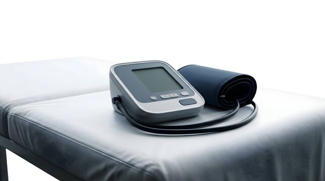 Digital blood pressure monitor with cuff on medical exam table.