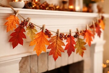 Obraz premium Autumn leaves decorate cozy fireplace.