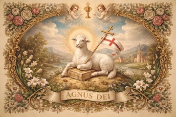 Obraz premium Sacred lamb with ornate floral border.