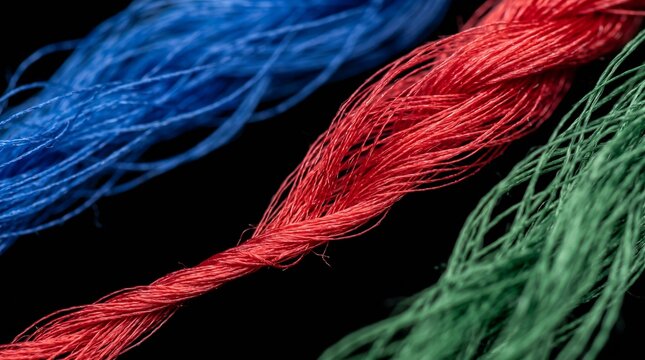 Macro view of parallel blue red and green strands of twisted fiber against black background with showcases close perspective arranged diagonally against primary colors arranged