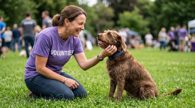 Happy volunteer woman kneeling on green grass gently petting a brown scruffy dog during an outdoor community animal shelter event