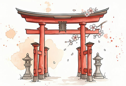 Traditional Japanese red torii gate with blooming cherry blossoms watercolor illustration