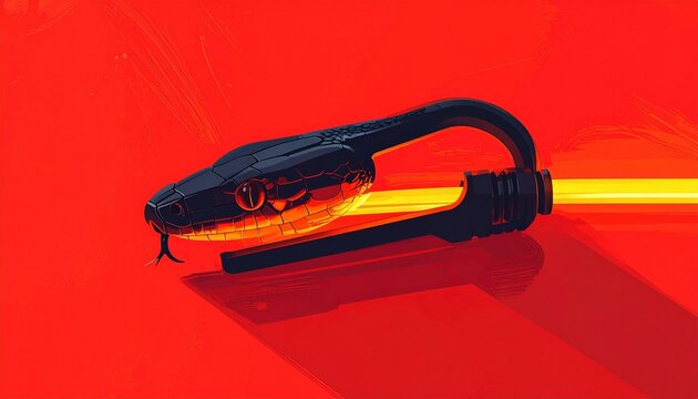 Black Snake with Glowing Yellow Eyes on Red Background.