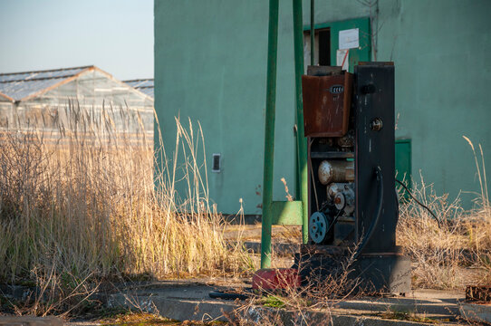 Abandoned old industrial glass greenhouse with dry dead plants and withered crops