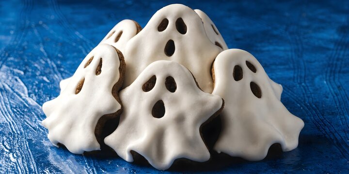 Realistic white ghost candy decorations on blue textured background