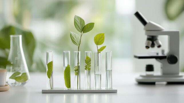 Green plant leaves growing inside glass test tubes in a lab