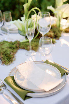 Refined outdoor dining scene featuring white tablecloth, stacked plates, crystal glassware, and moss centerpiece. natural light enhance green accents, creating an inviting atmosphere for celebrations