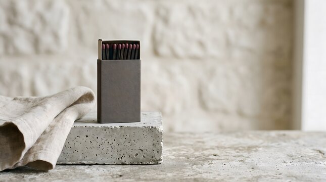 Blank matchbox mockup with matches inside standing on a concrete block next to a linen cloth over a rustic stone table.