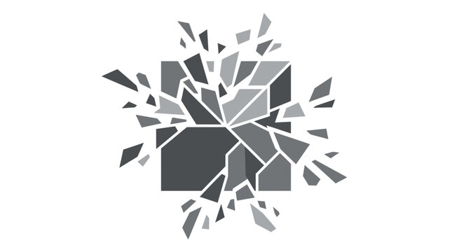 Exploding gray square geometric fragments on white background.