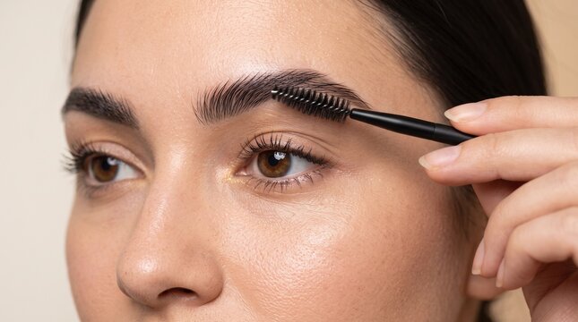Close up portrait of woman grooming dark eyebrows with small black spoolie brush for natural makeup look in soft lighting