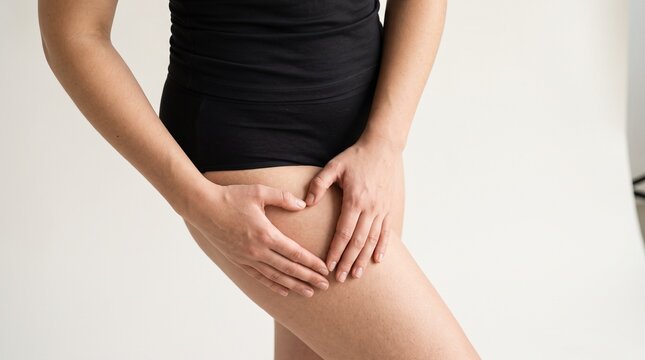 Woman forms a heart shape with her hands on her thigh to celebrate body positivity and natural skin healthy glow