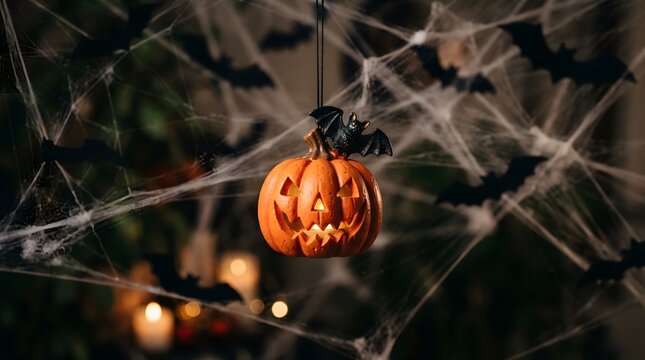 Hanging jackolantern pumpkin with bat