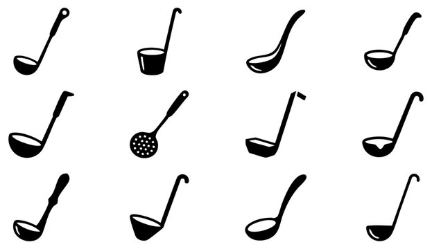 Set of black kitchen ladles and soup spoons for cooking and food preparation