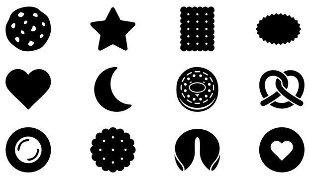 Set of black cookie and biscuit icons including heart star moon and pretzel shapes