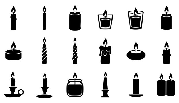 Set of black candle icons with burning flames for spa relaxation and home decoration