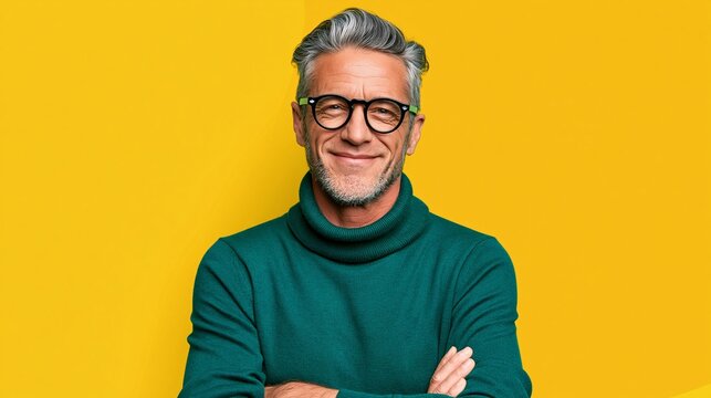 Confident middle-aged man with glasses and green turtleneck against solid yellow background.
