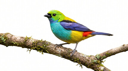 Fototapeta premium Vibrant multicolored bird perched on a mossy branch with lichen.