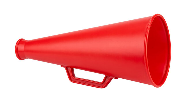 A bright red plastic megaphone used for cheering and making loud announcements isolated on transparent background