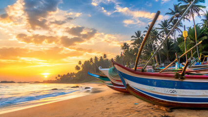 Obraz premium Traditional Colorful Fishing Boats on Sri Lankan Coast at Sunrise