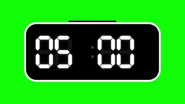 Dynamic Digital Timer Displaying 0500 on Green Screen Chroma Key Background, a Versatile Motion Graphic Element for Video Editing, Broadcast, and Production Projects