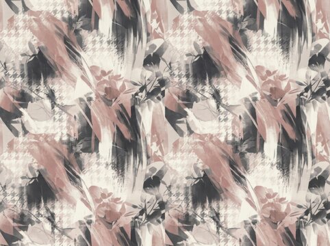 Abstract artistic seamless pattern with brush strokes, floral elements, and a subtle houndstooth background in muted pink and charcoal grey