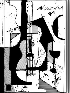 Abstract cubism guitar and wine glass vector illustration with black and white line art texture