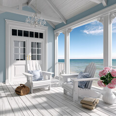 Fototapeta premium Bright coastal porch with white wooden chairs, striped cushions, chandelier, ocean view, and pink flowers creates peaceful summer retreat