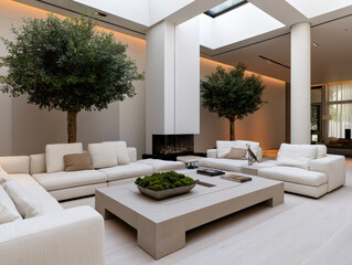 Fototapeta premium Modern living room with beige and white sofa, large skylight, indoor tree, minimalist decor, natural light, cozy atmosphere