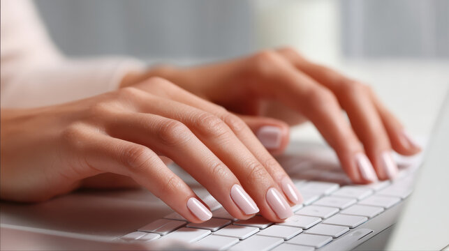 Close up of manicured hands typing on laptop keyboard modern workspace French tip nails for remote work digital lifestyle professional business productivity and contemporary career freelance concept.