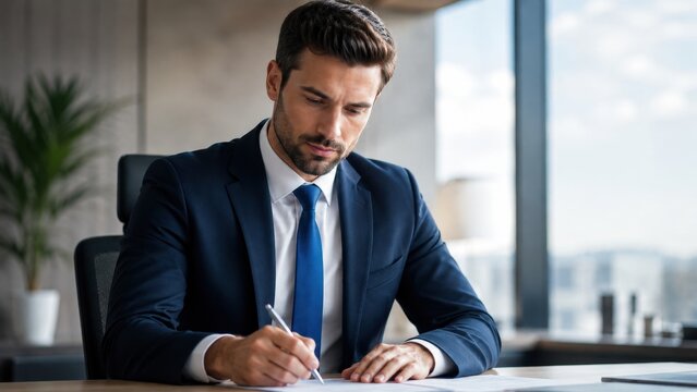 Portrait d'un homme d'affaires concentr&eacute; en costume signant un document. Manager, auditeur ou analyste financier travaillant &agrave; son bureau dans un espace de travail moderne et lumineux