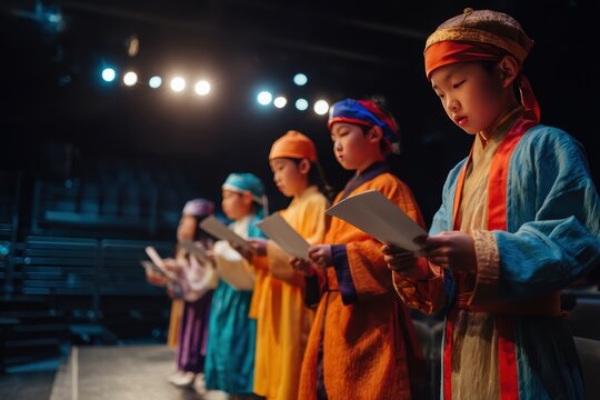 Young East Asian children in theatrical makeup and colorful period costumes rehearsing drama scene on stage holding scripts, perfect for performing arts and youth development concept.