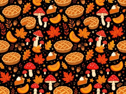 Seamless pattern with pumpkin pies, mushrooms, acorns, and autumn leaves on a black background