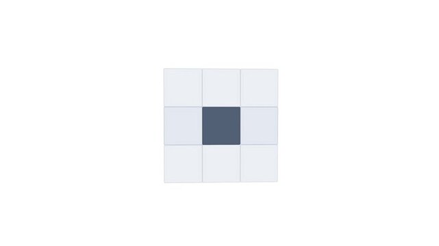 A blue and white geometric cube rotates and shifts in a clean minimalist environment using smooth 3D motion graphics.