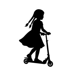 Young Girl Riding Kick Scooter Silhouette, Active Childhood Outdoor Play and Freedom Vector Illustration