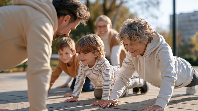 Fitness coach at golden hour on a sunlit park terrace demonstrating a modified low-impact movement to a three-generation family, a grandmother adjusting her behind-the-ear device